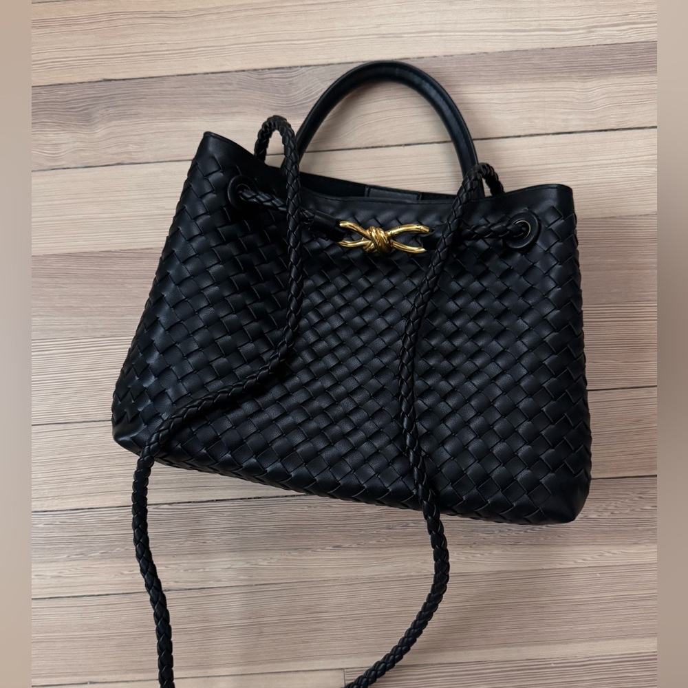 Black woven leather tote